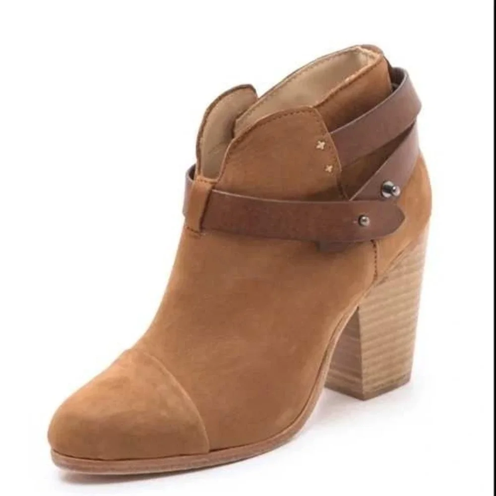 Rag & Bone Harrow Black Suede Leather‎ Stacked Heeled Ankle Strap Bootie size 37